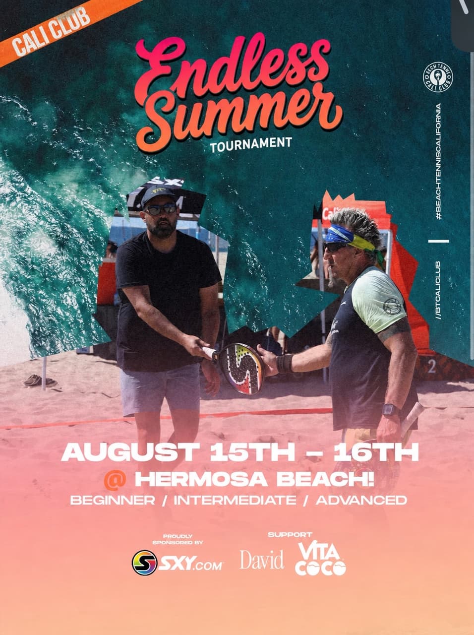 Endless Summer Tournament flyer with beach tennis players, August 15th to 16th, Hermosa Beach, and sponsor marks.